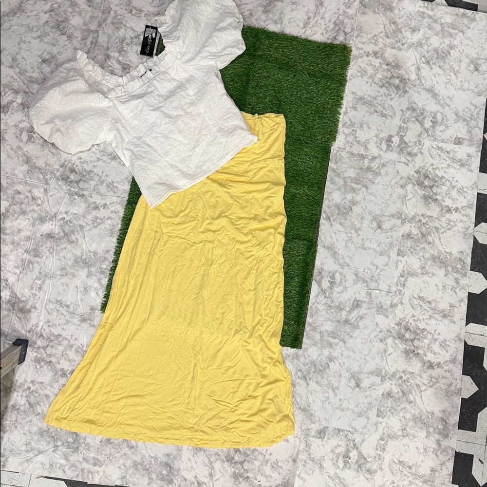 Zara Elegant Cream Crop Top paired with a yellow long Cotten skirt Set.